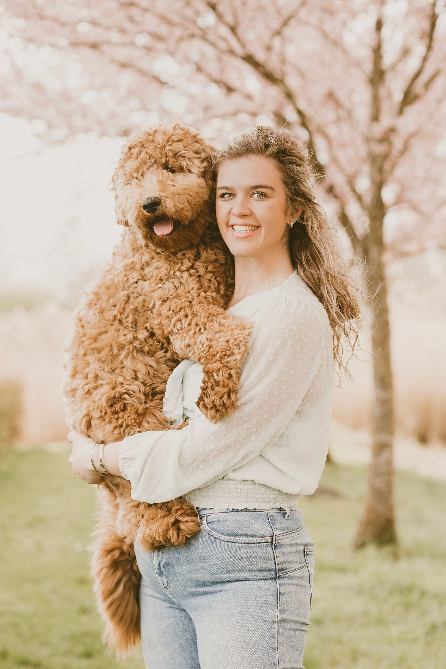 A fluffy goldendoodle puppy and its owner share joyful moments in a blooming spring garden.