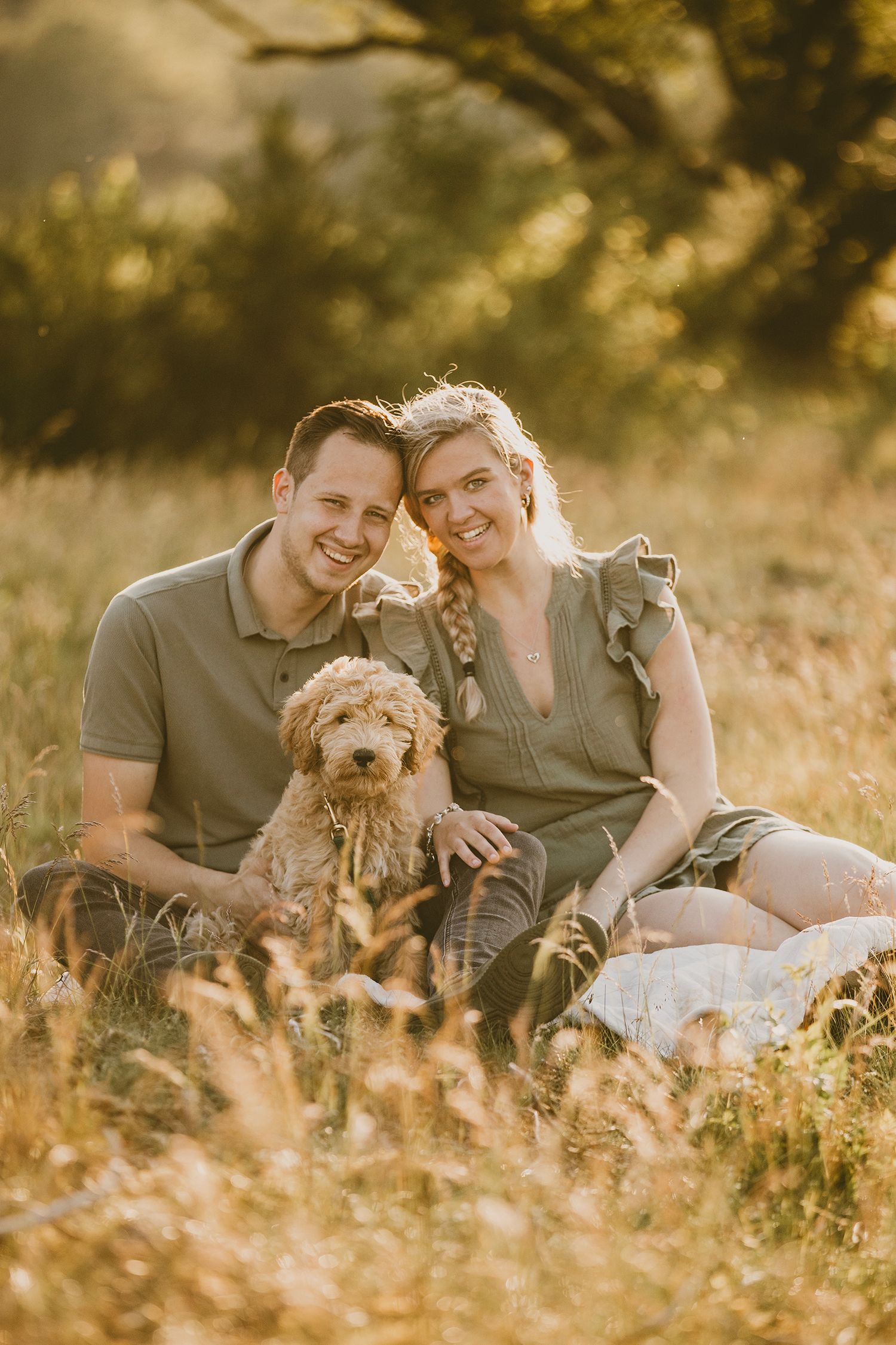 A couple sits in a golden meadow with their scruffy terrier dog during a warm sunset photoshoot.