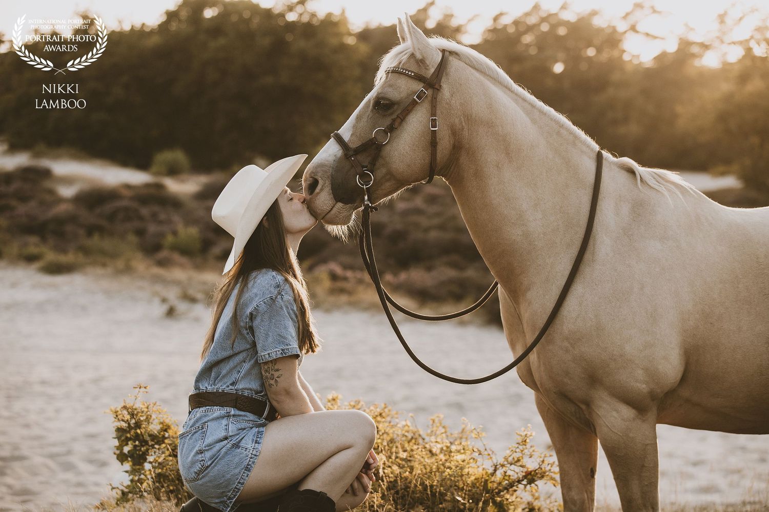 A person in jeans sits next to a white horse during a golden sunset photoshoot in a field.