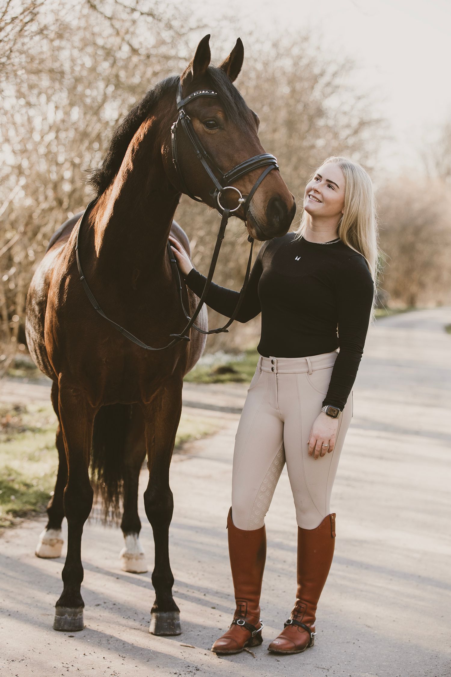 A series of equestrian portraits showing a dark horse and rider in casual attire on a sunlit path.
