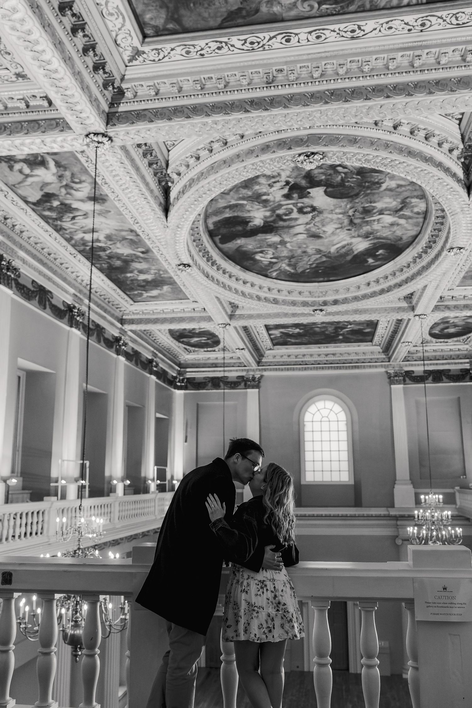 Romantic engagement portraits on Banqueting House balcony after surprise London proposal
