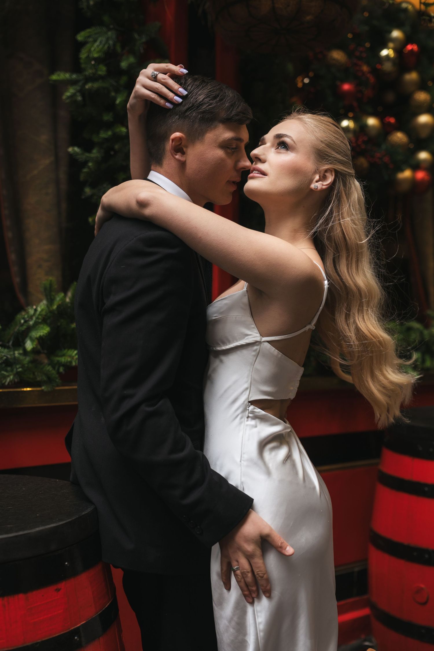 “Couple at The Ship & Shovell pub in Central London during a romantic London photoshoot.”