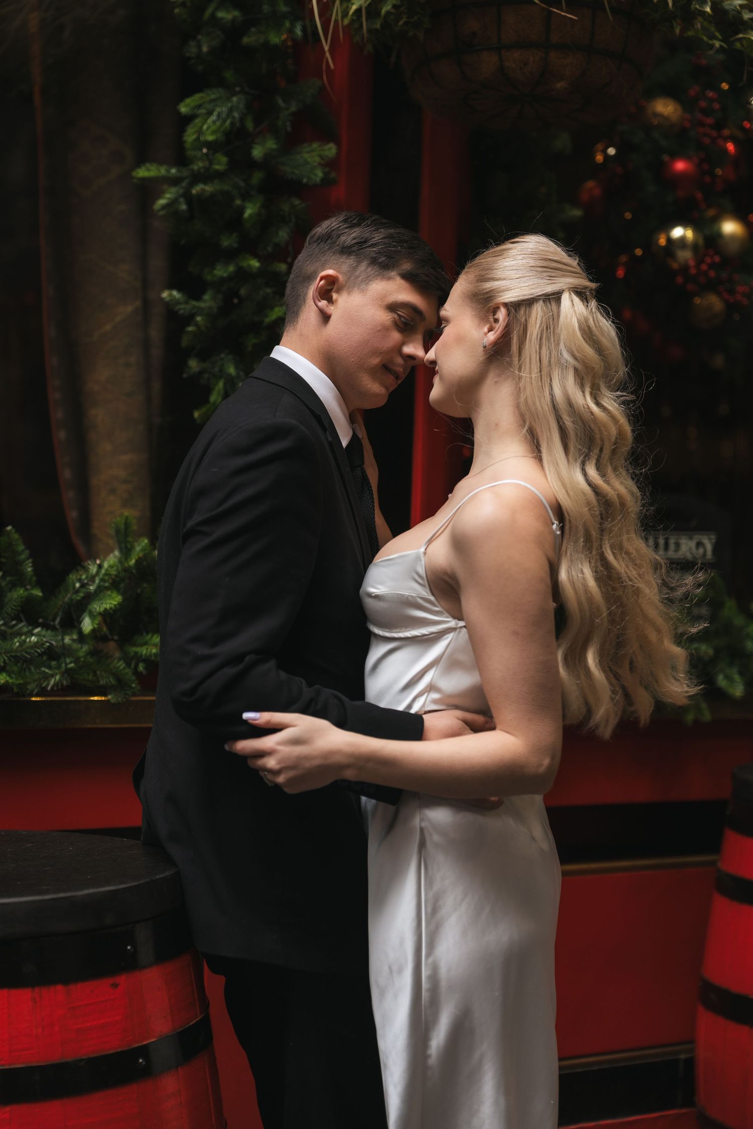 “Couple at The Ship & Shovell pub in Central London during a romantic London photoshoot.”