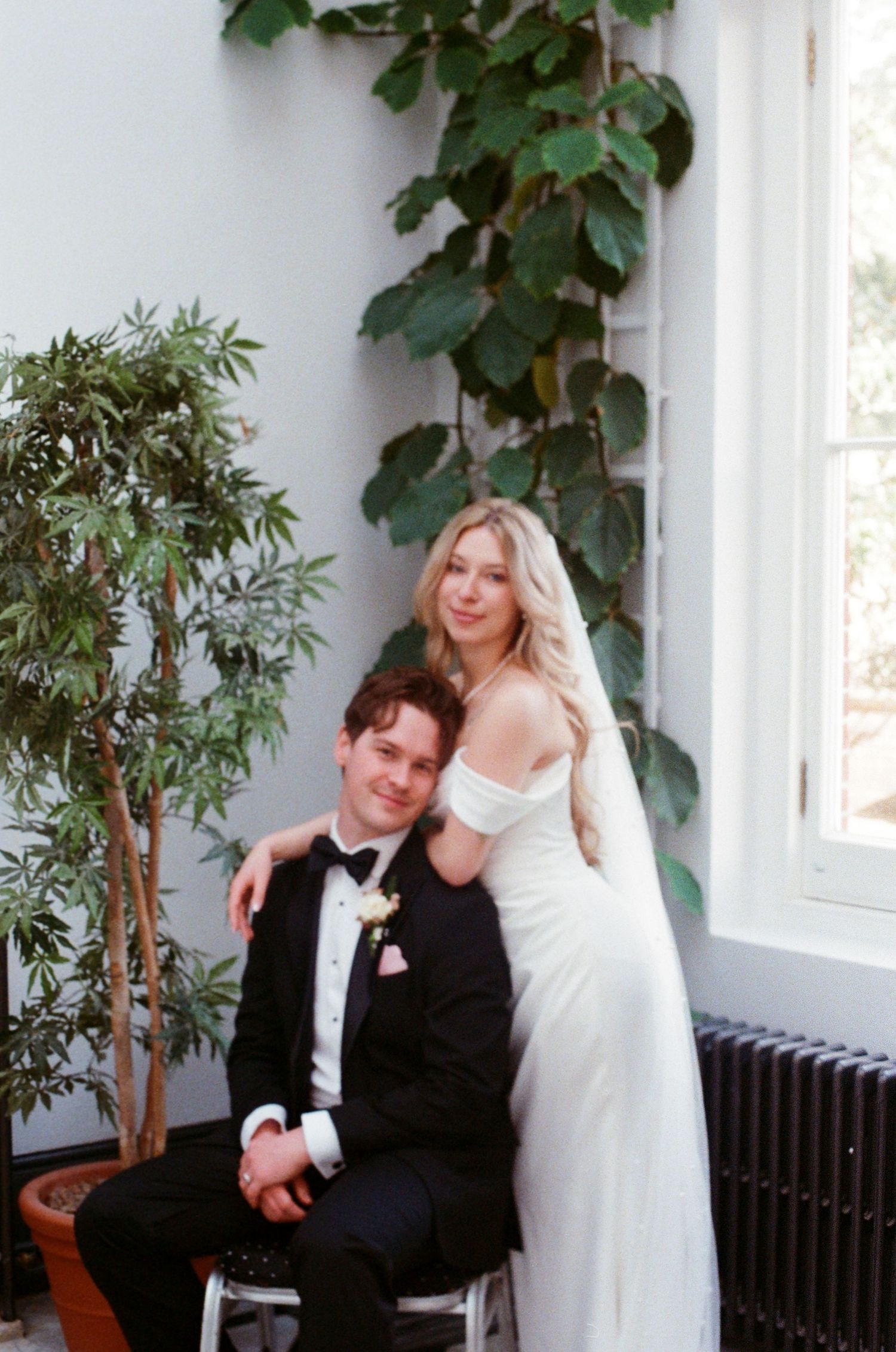 Bride and groom portraits in York House conservatory greenhouse