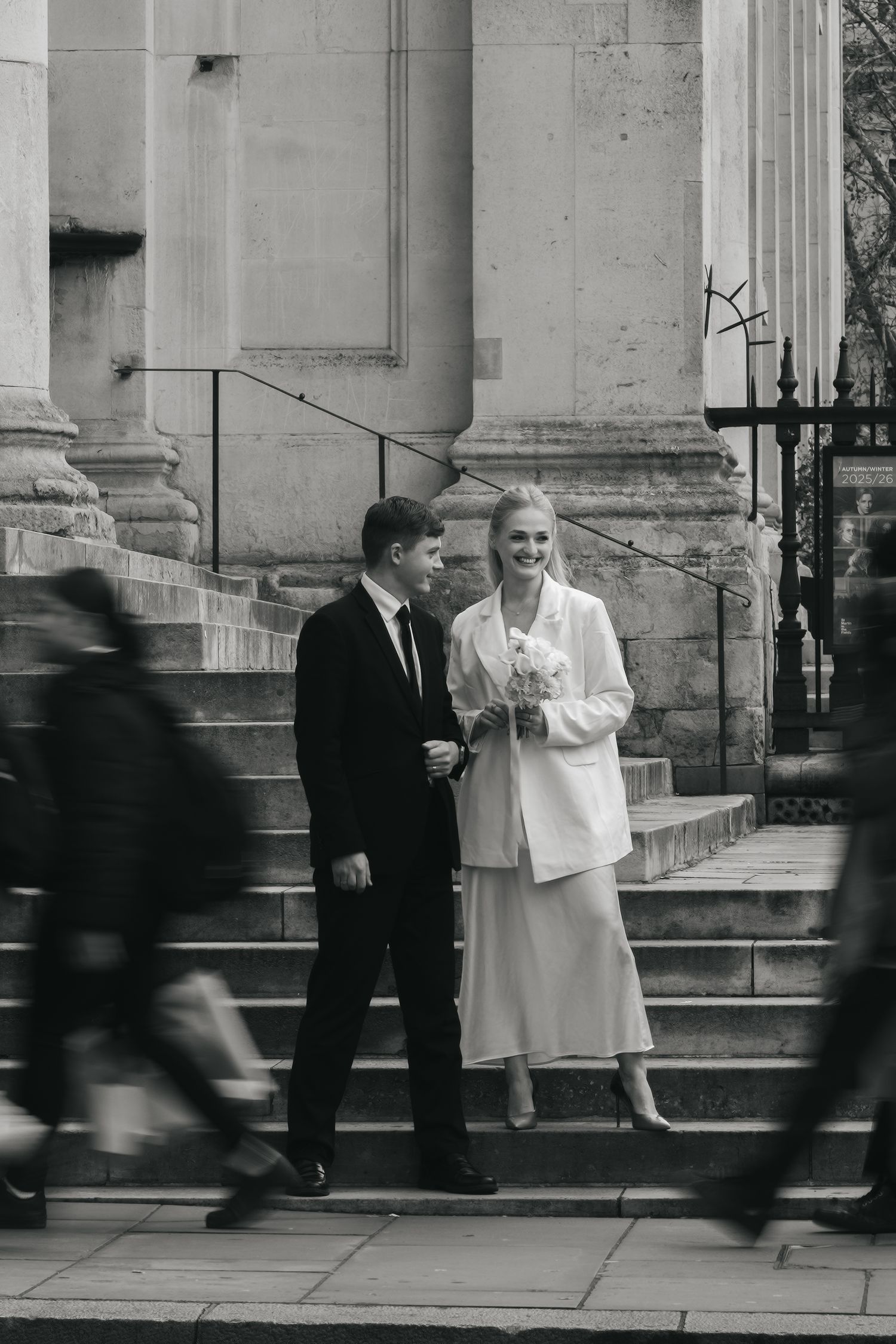 “Couple in Trafalgar Square by the National Gallery during a London couples photoshoot.”