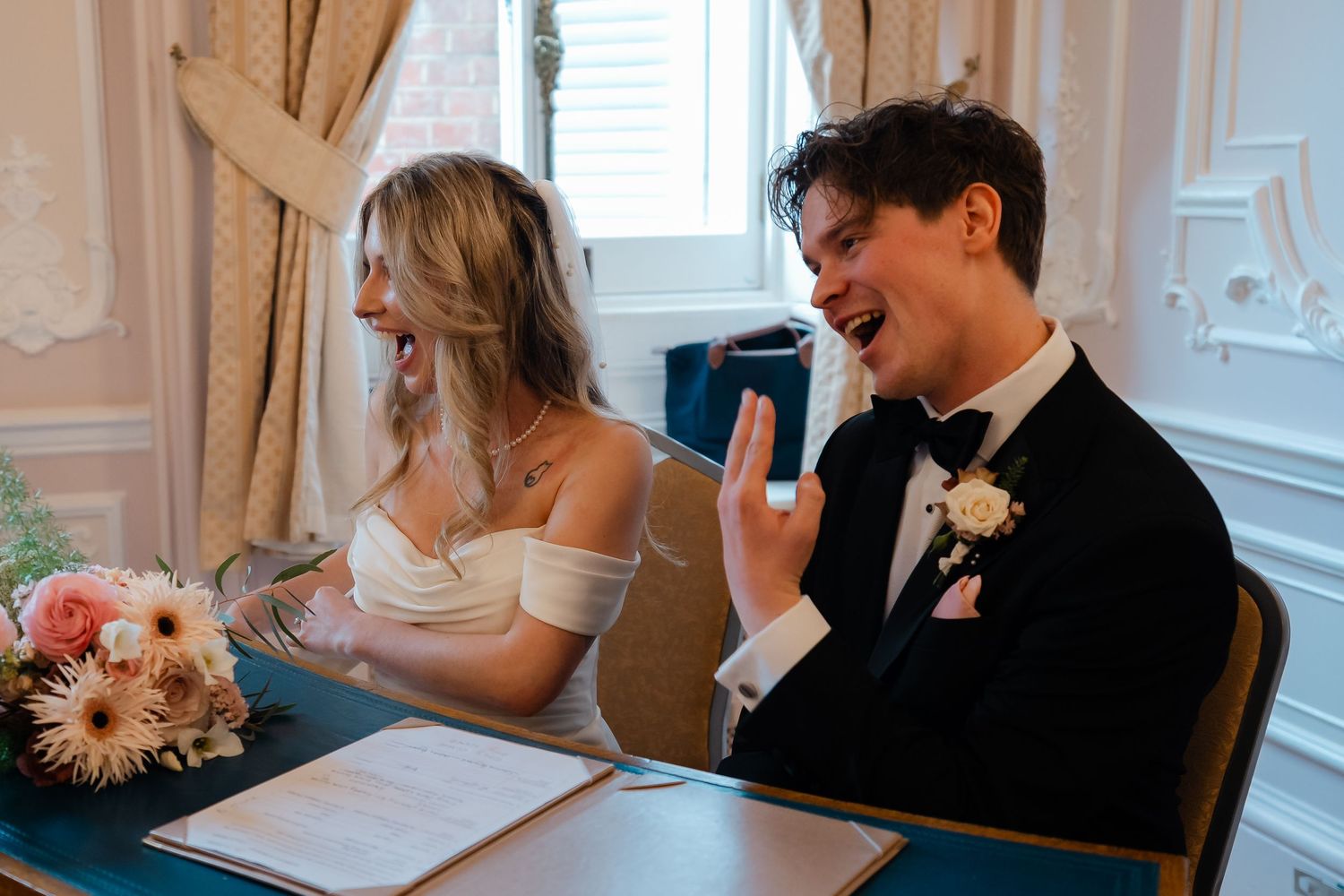 Ceremony inside The Salon pink room at York House Twickenham