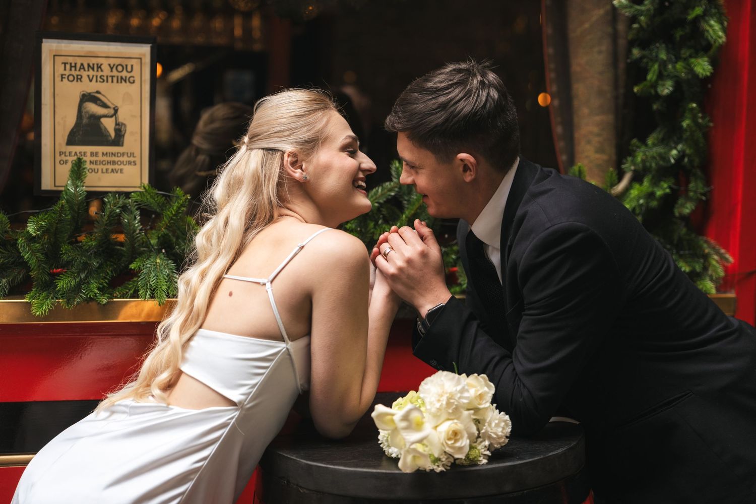 “Couple at The Ship & Shovell pub in Central London during a romantic London photoshoot.”