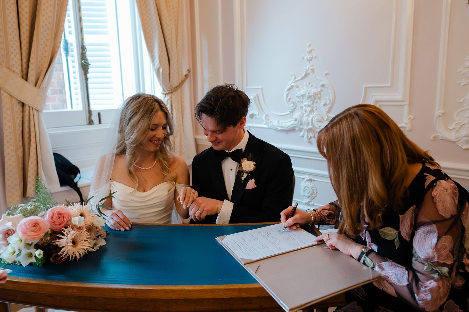 Ceremony inside The Salon pink room at York House Twickenham