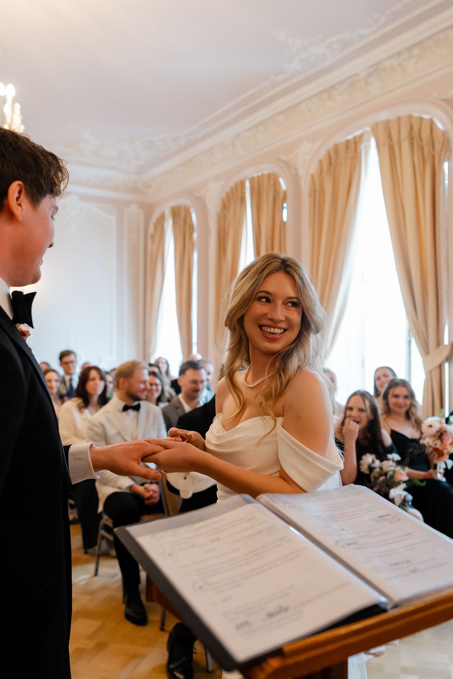 Ceremony inside The Salon pink room at York House Twickenham