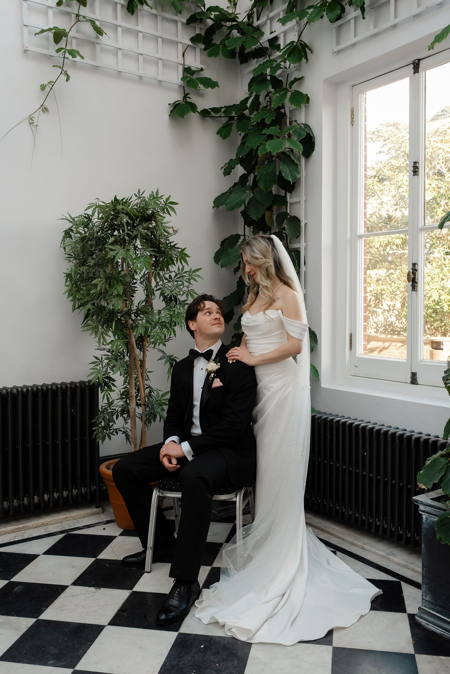 Bride and groom portraits in York House conservatory greenhouse