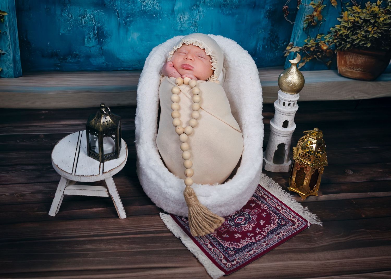 Newborn baby swaddled in cream wrap with wooden bead garland in Moses basket, surrounded by lanterns and miniature mosque decor.
