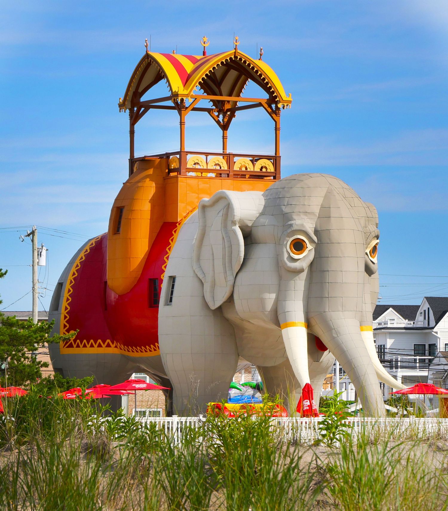 Lucy the Elephant historic landmark attraction with decorative howdah on Atlantic City beach.