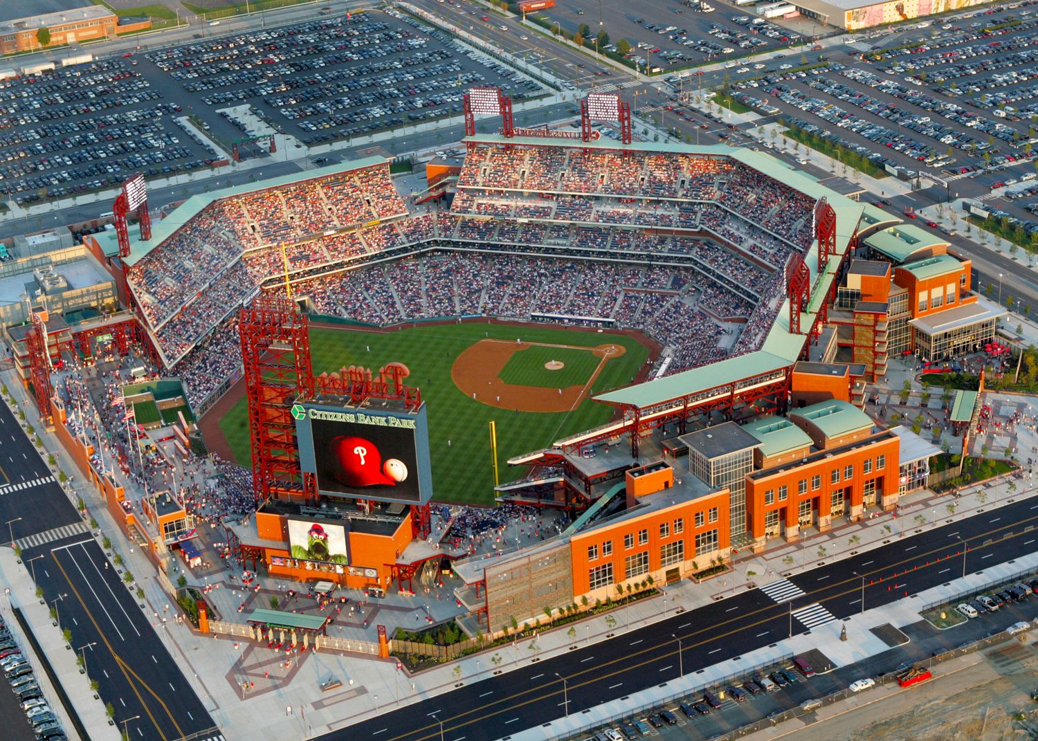 Aerial views of Citizens Bank Park baseball stadium in Philadelphia showing different game day configurations.
