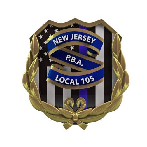 Three police badge emblems with blue and gold designs featuring New Jersey Local 105.