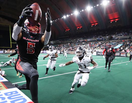 Football player in dark uniform catches pass in endzone during indoor arena game.