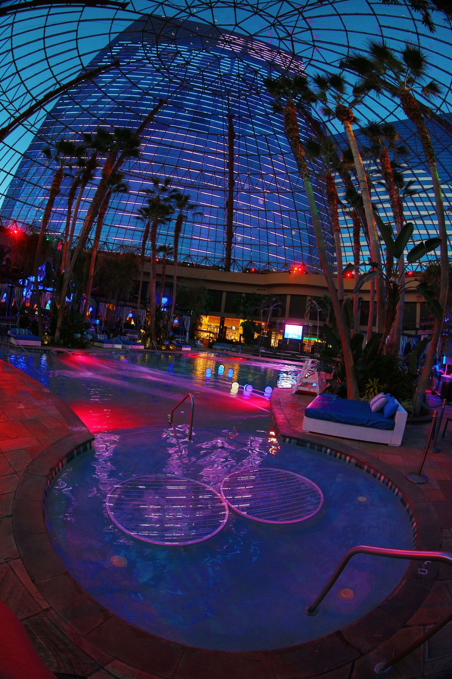 Indoor pool area illuminated with purple and blue lighting under a glass dome at night.