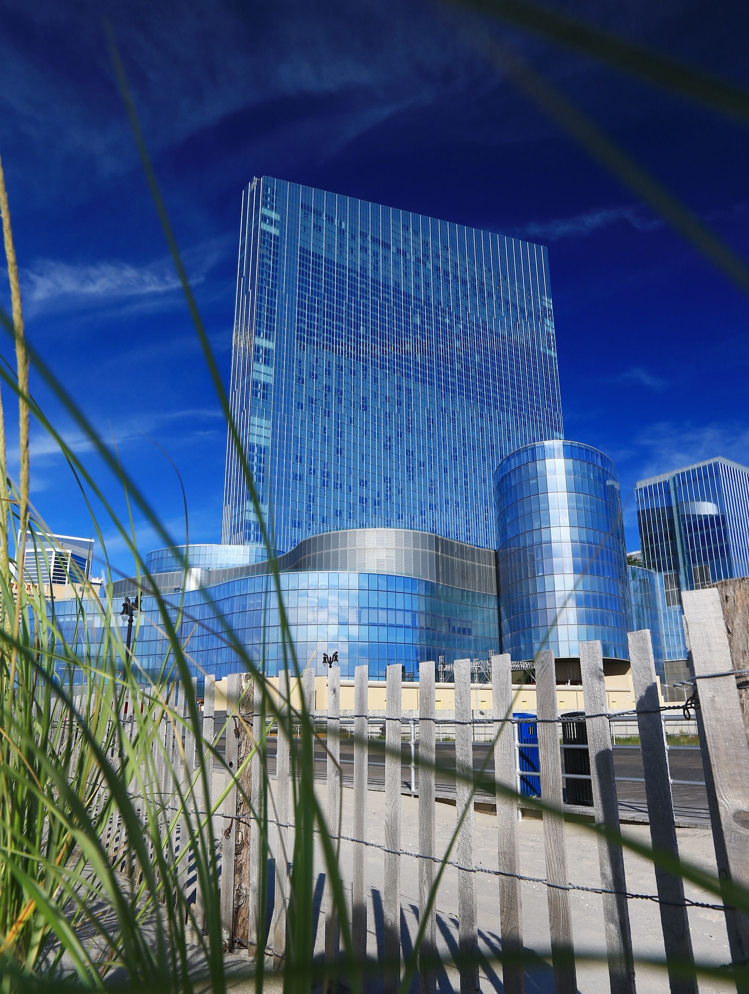 Modern glass office buildings with reflective blue facades viewed through tall grass.