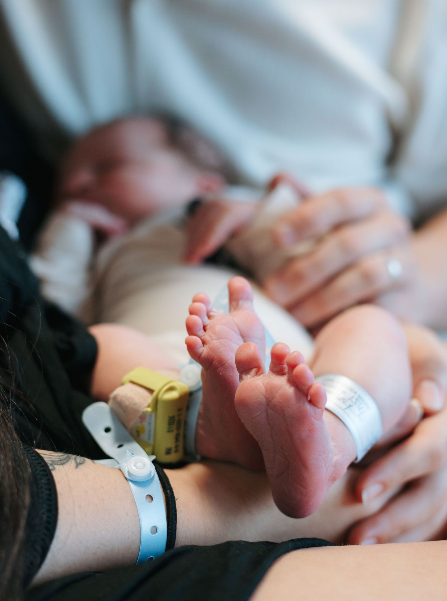 Close-up of newborn baby feet with hospital identification bands.