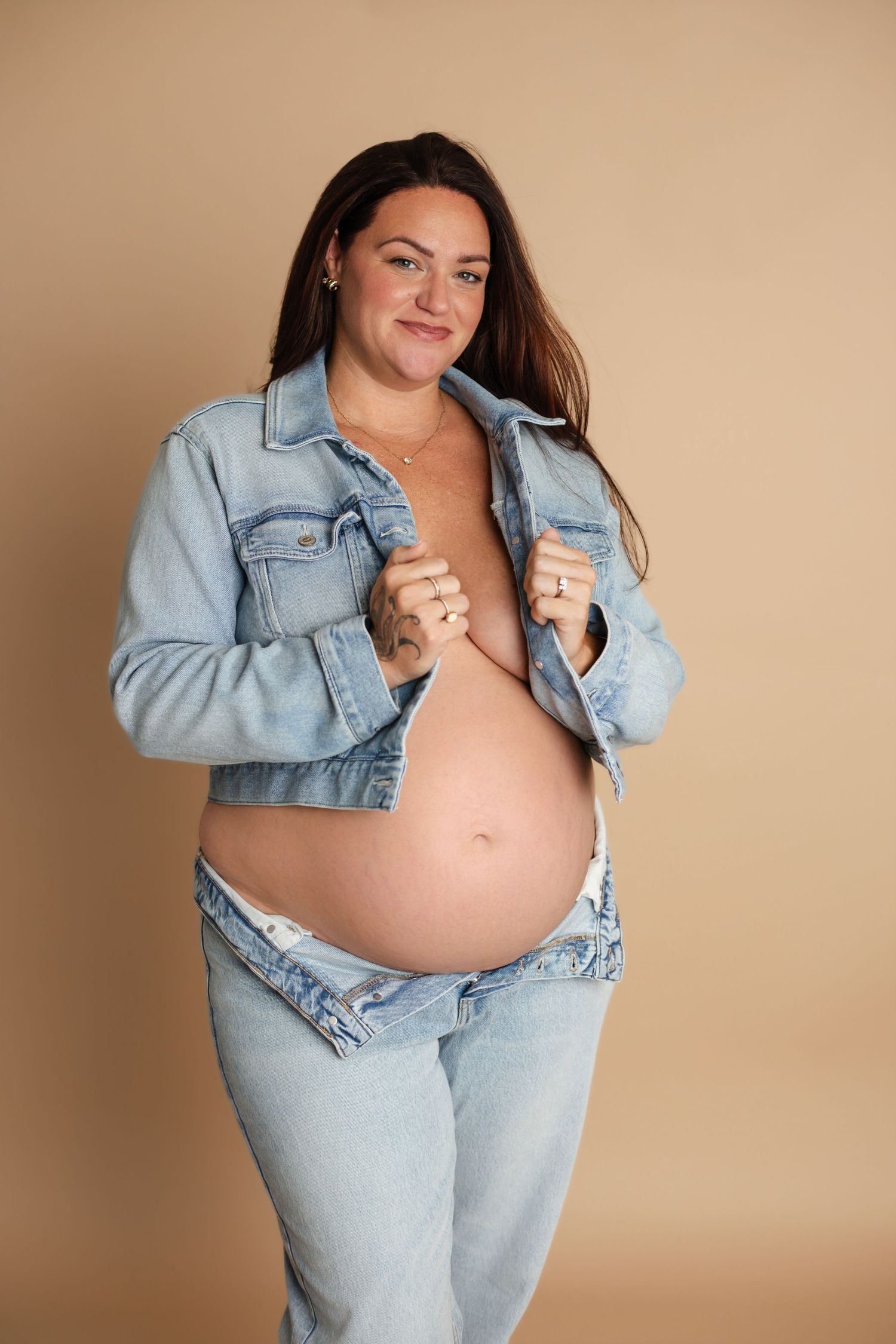 A woman in a light denim jacket poses against a beige background in a series of casual fashion shots.