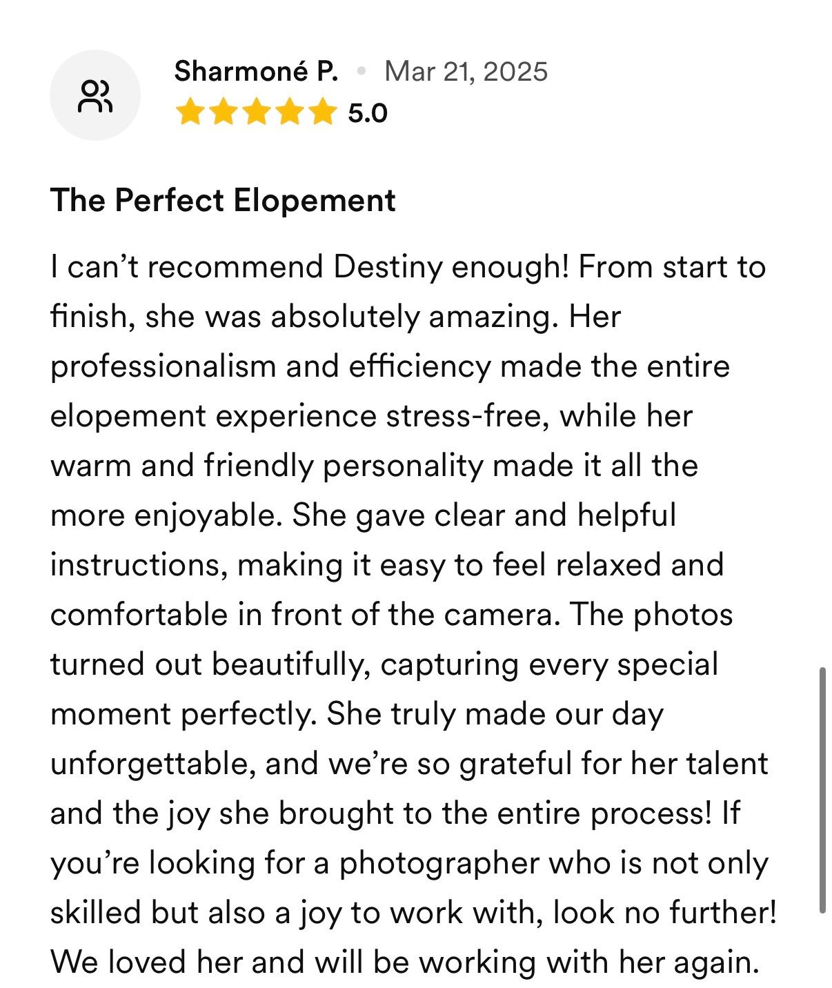 Five-star Google review praising photographer Destiny for a perfect elopement experience, highlighting professionalism and stunning photos.