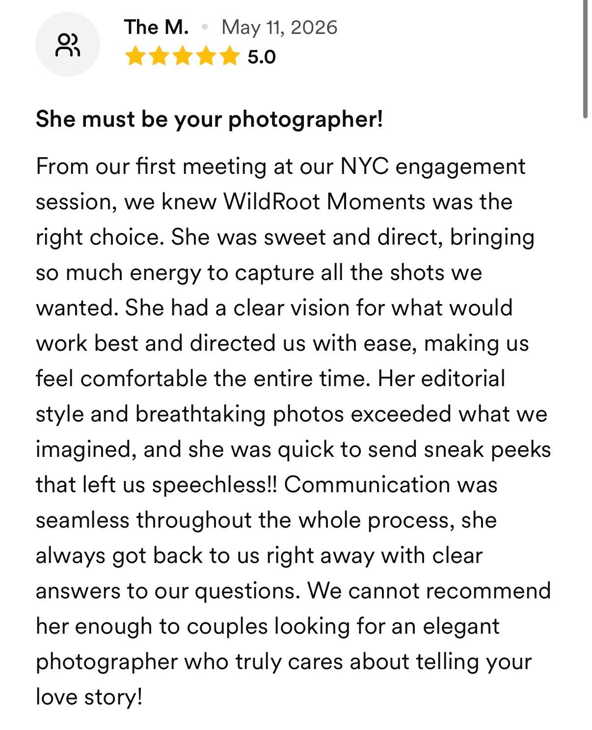 Five-star Google review praising WildRoot Moments NYC engagement photographer for elegant style and seamless communication.