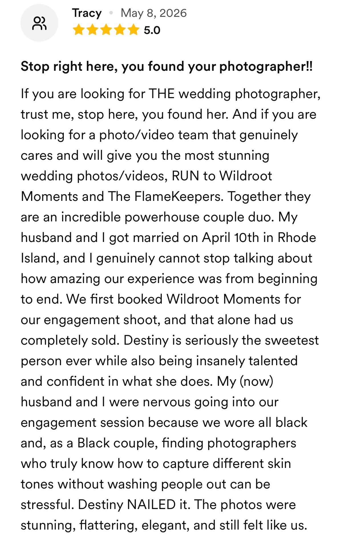 Five-star wedding photographer review praising Wildroot Moments and FlameKeepers for capturing diverse skin tones beautifully.