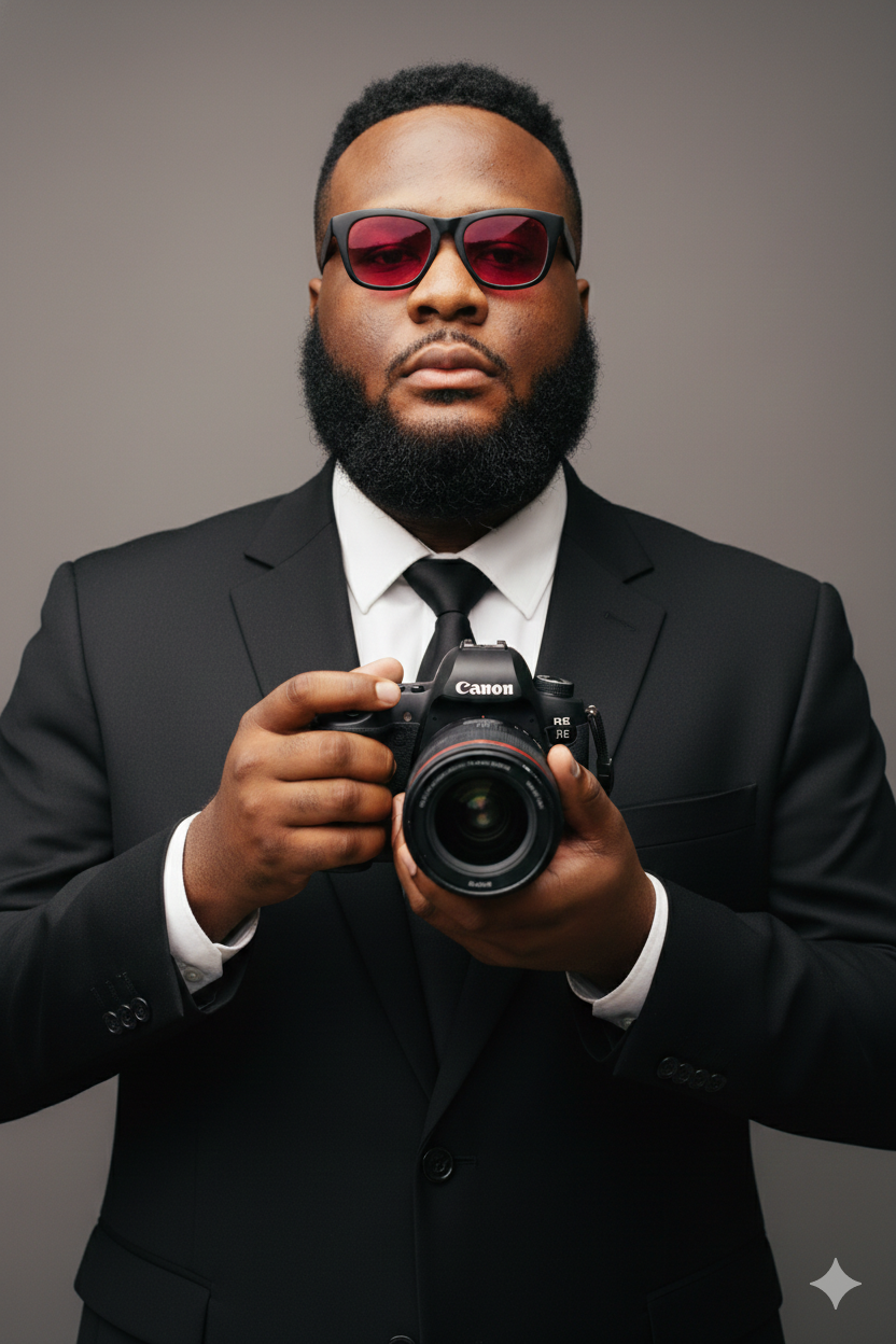Professional photographer in black suit and red sunglasses holds Canon DSLR camera against gray studio backdrop.