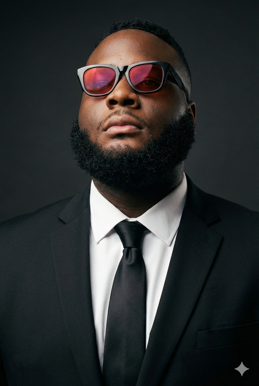 Stylish portrait photography featuring formal attire and sunglasses against dark backdrop.