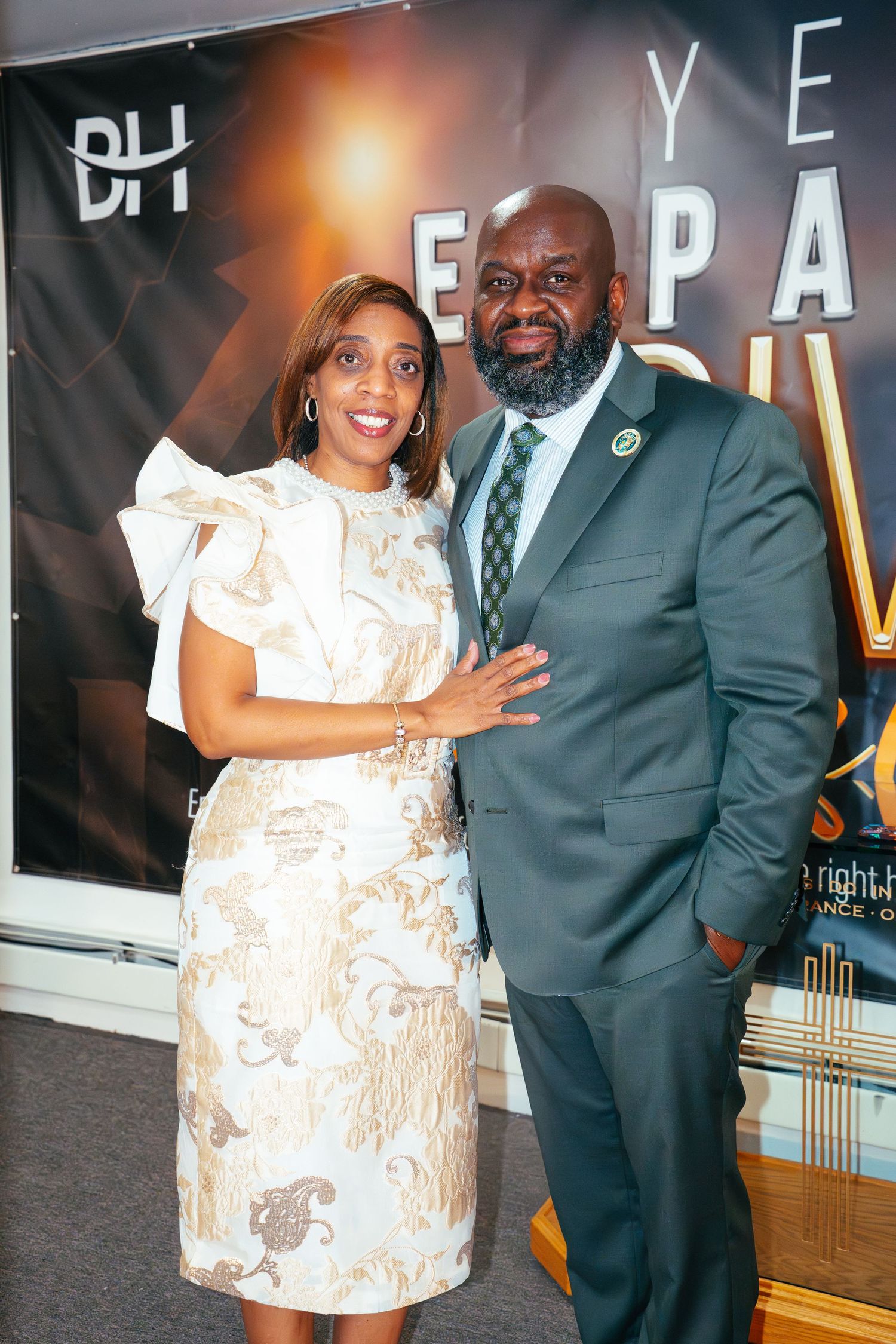 A series of candid event photos showing people in formal attire at an elegant gathering.