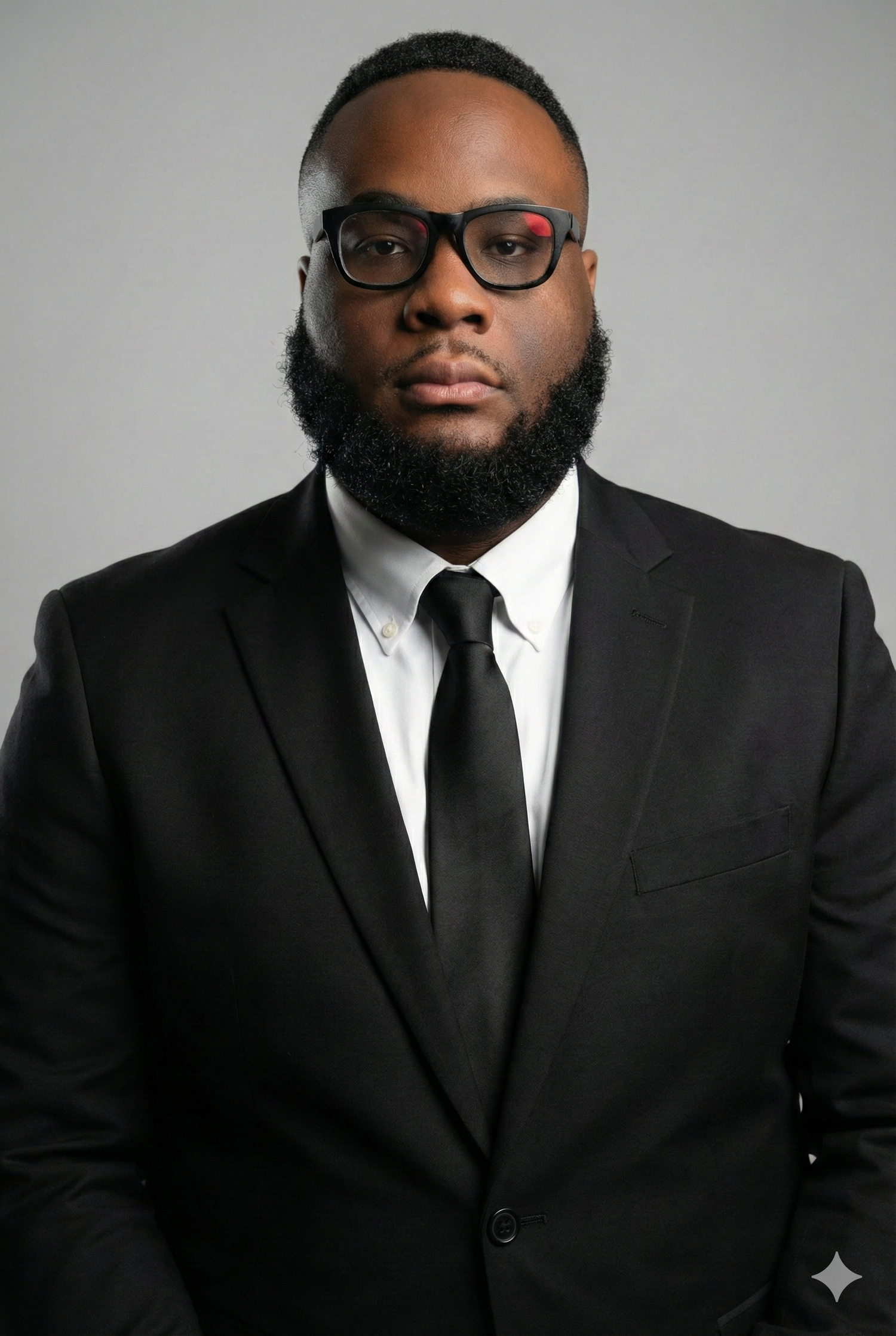 Professional studio portraits of someone in a black suit and tie against a gray background in various poses.
