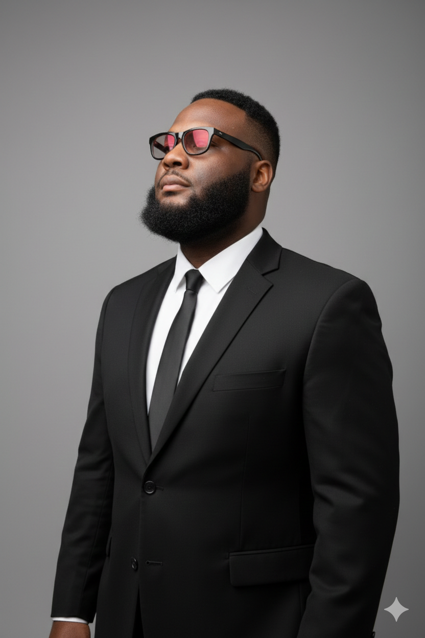 Professional studio portraits of person in black suit and tie against gray background wearing sunglasses.
