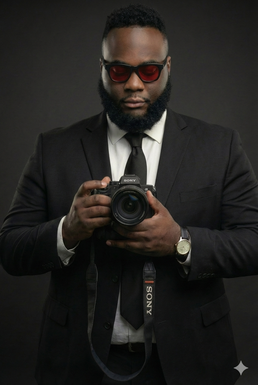 Professional photographer in black suit holding camera against dark background.