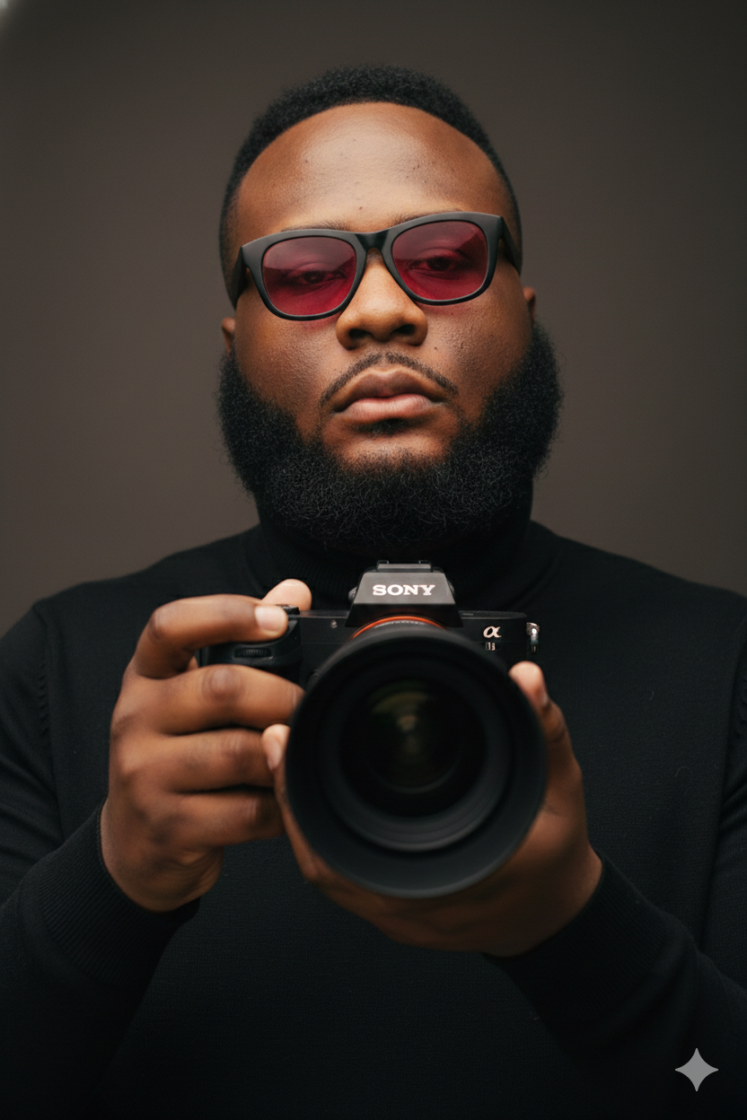 A photographer wearing sunglasses holds a Sony camera lens in a series of dramatic studio portraits.