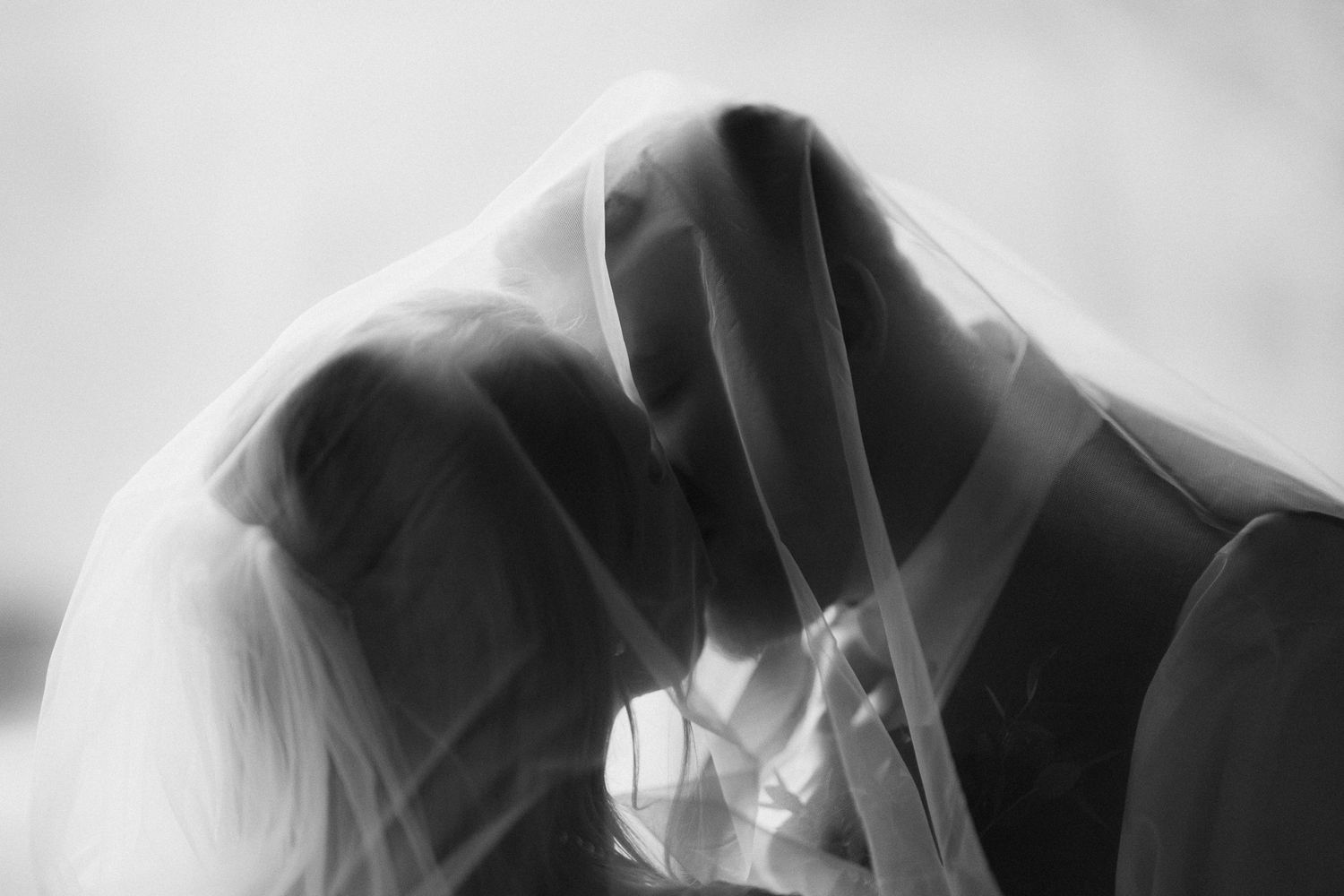 Artistic black and white silhouette of bride and groom kissing beneath a sheer wedding veil.