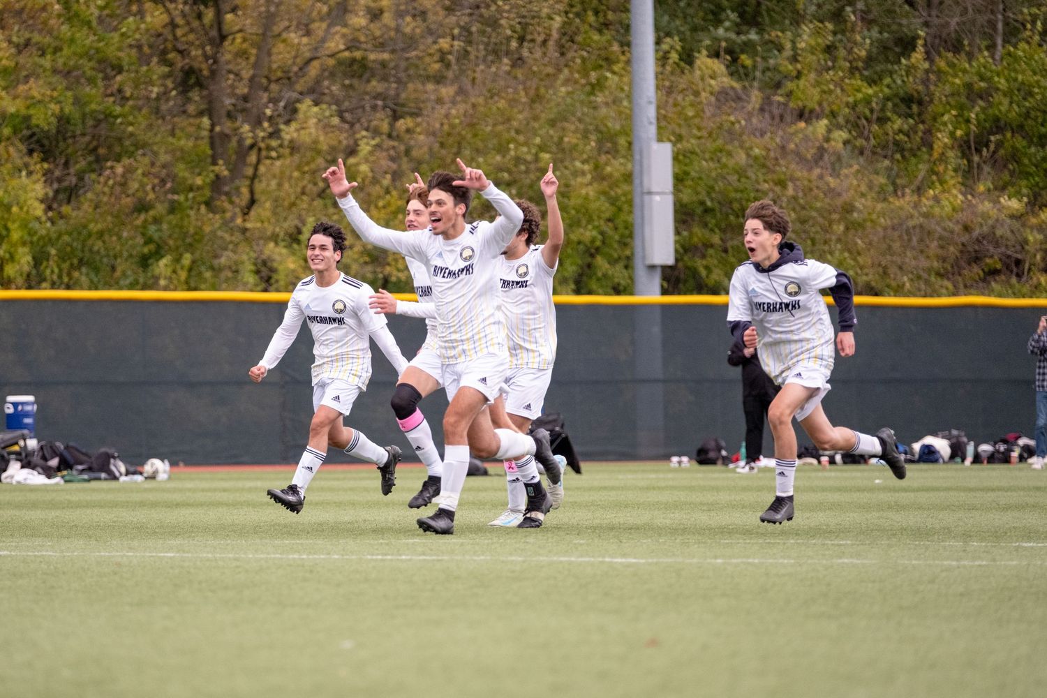 Youth soccer players in white uniforms celebrate a goal on a green field.