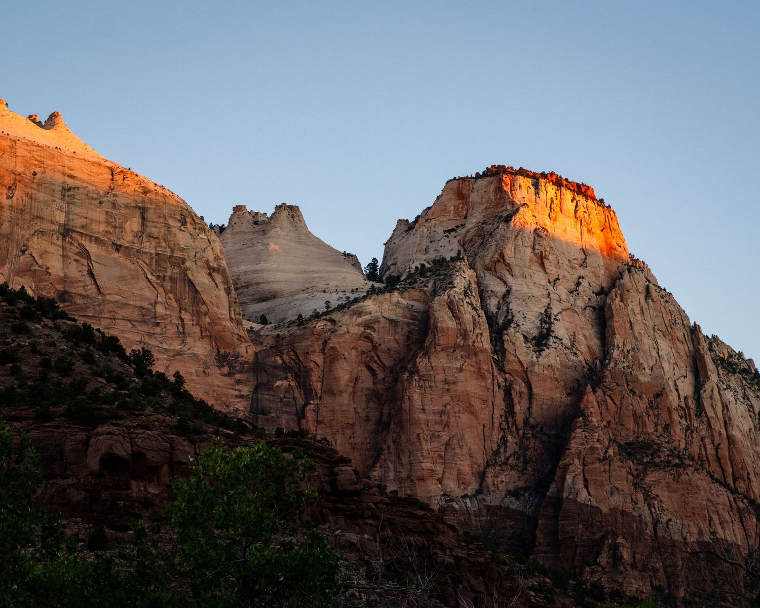 Towering red sandstone cliffs of Zion National Park illuminated by warm golden sunrise light.