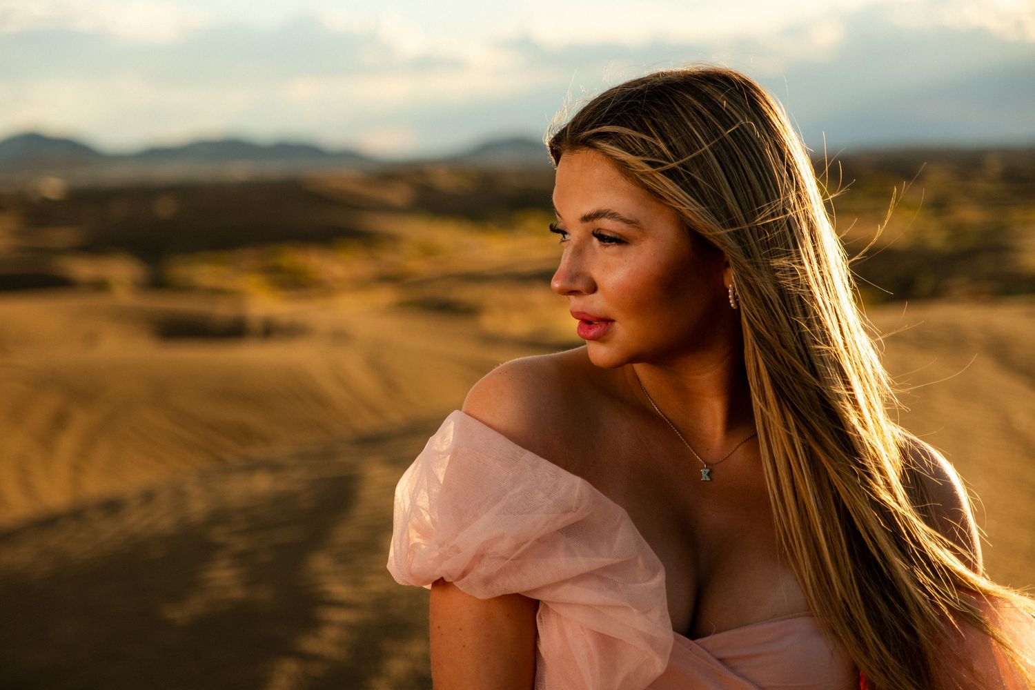 Blonde woman in pink off-shoulder dress gazes into desert landscape at golden hour.