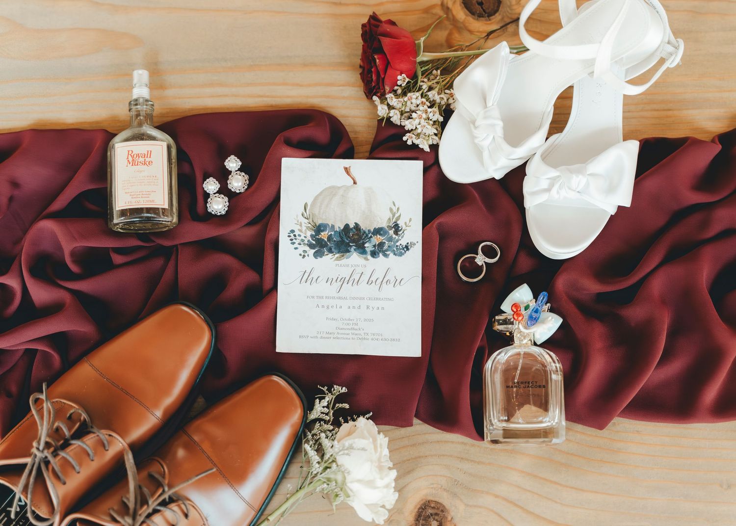 Wedding day detail flat lay rings invitation shoes Waco TX Sudden Joy Visuals