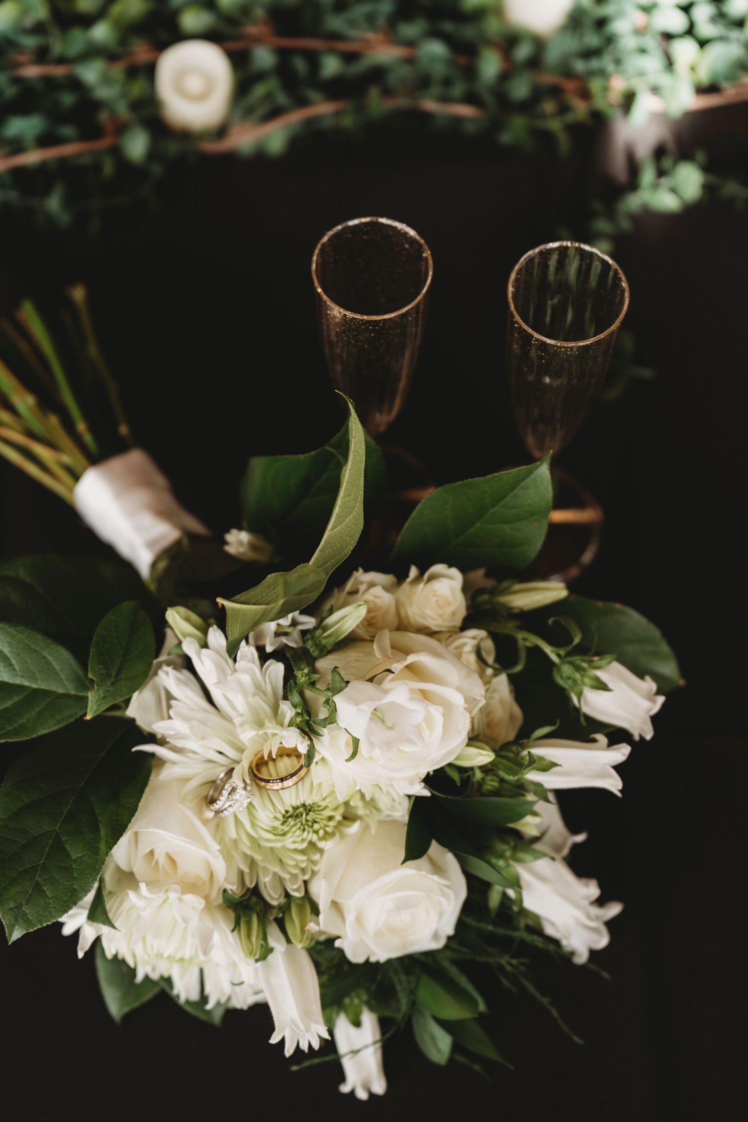 Wedding bouquet floral detail white roses rings Waco TX Sudden Joy Visuals
