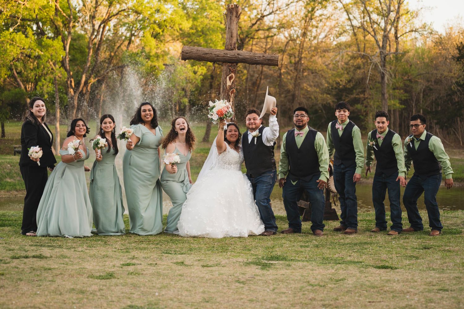 Full wedding party group photo outdoor ceremony Waco TX Sudden Joy Visuals