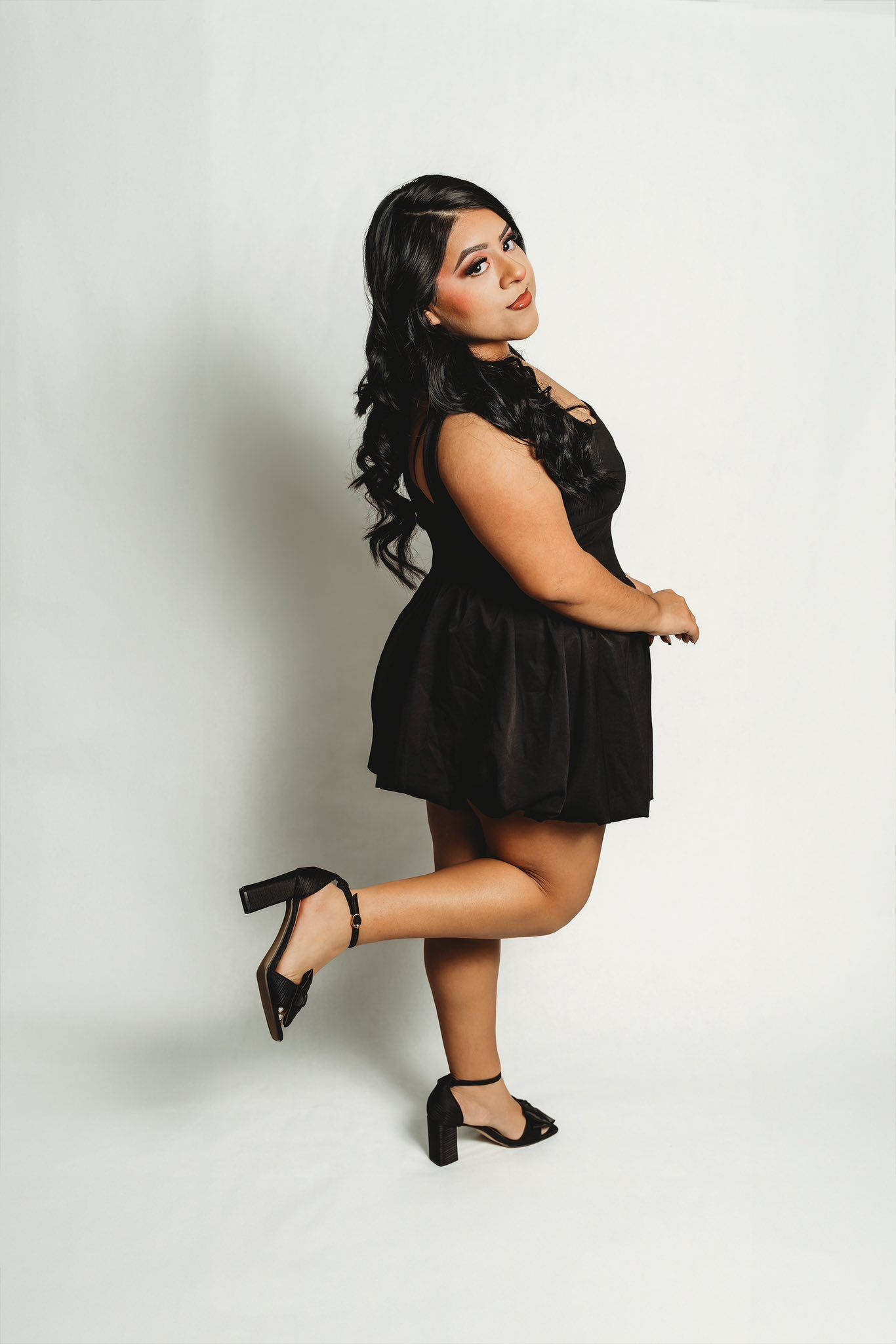 Woman portrait lifestyle black mini dress studio session Waco TX Sudden Joy Visuals