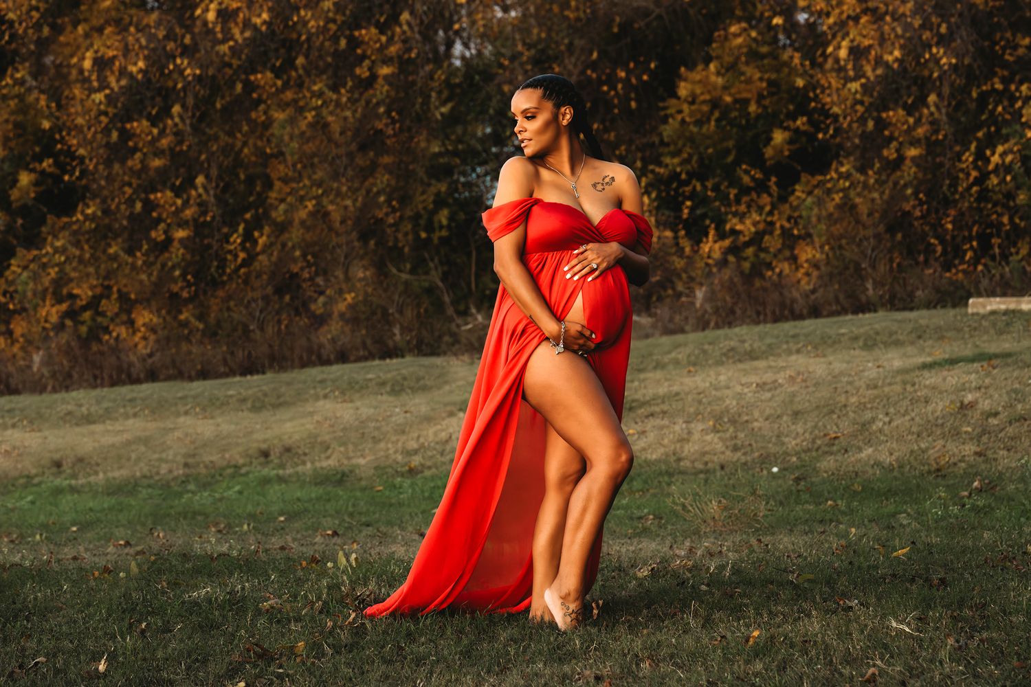 Maternity portrait mama red gown outdoor dramatic Central Texas Sudden Joy Visual