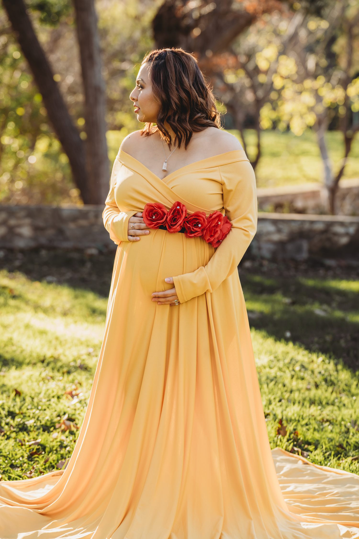Maternity session mama yellow gown outdoor portrait Waco TX Sudden Joy Visuals