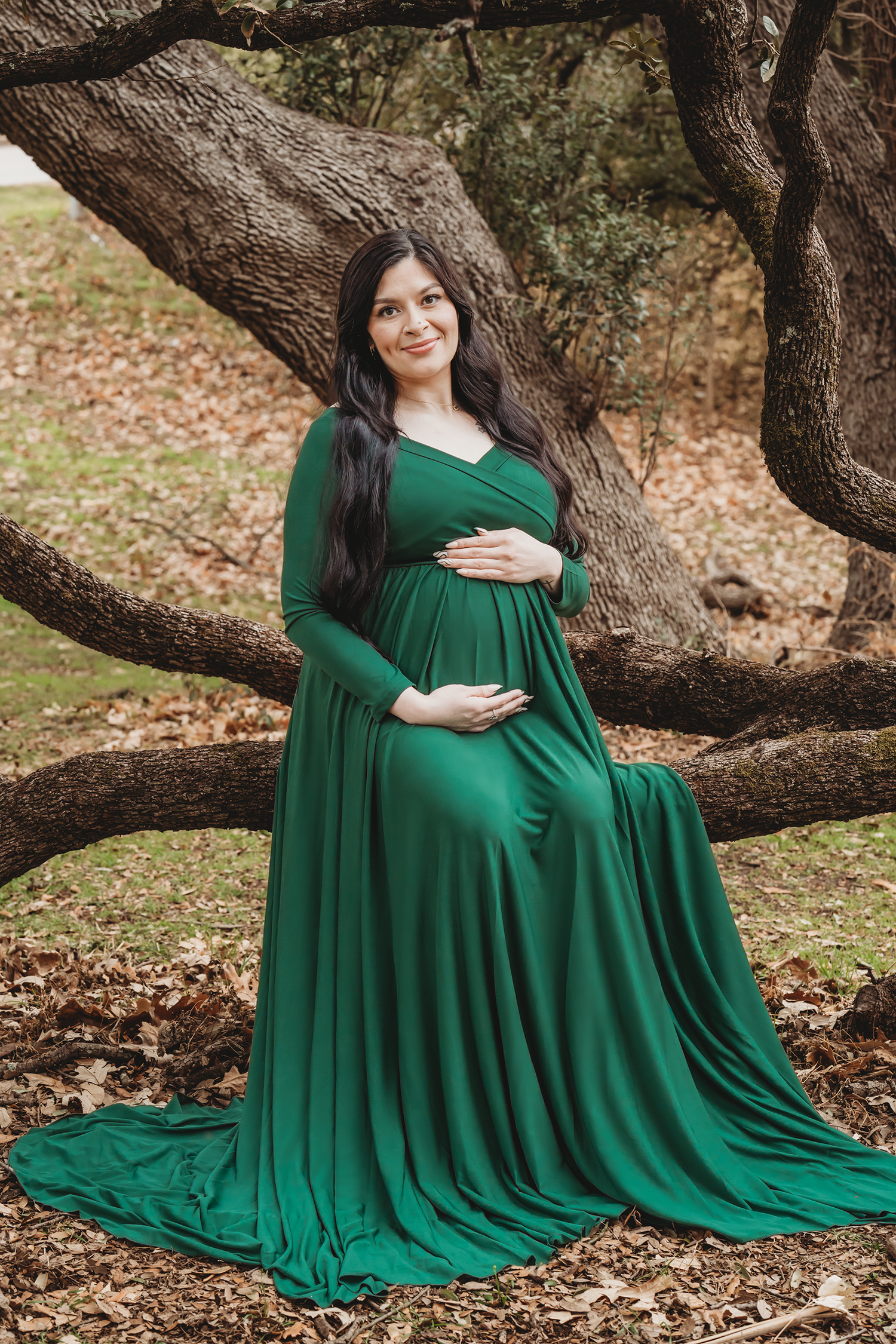 Maternity portrait mama in green gown outdoor Waco TX Sudden Joy Visuals