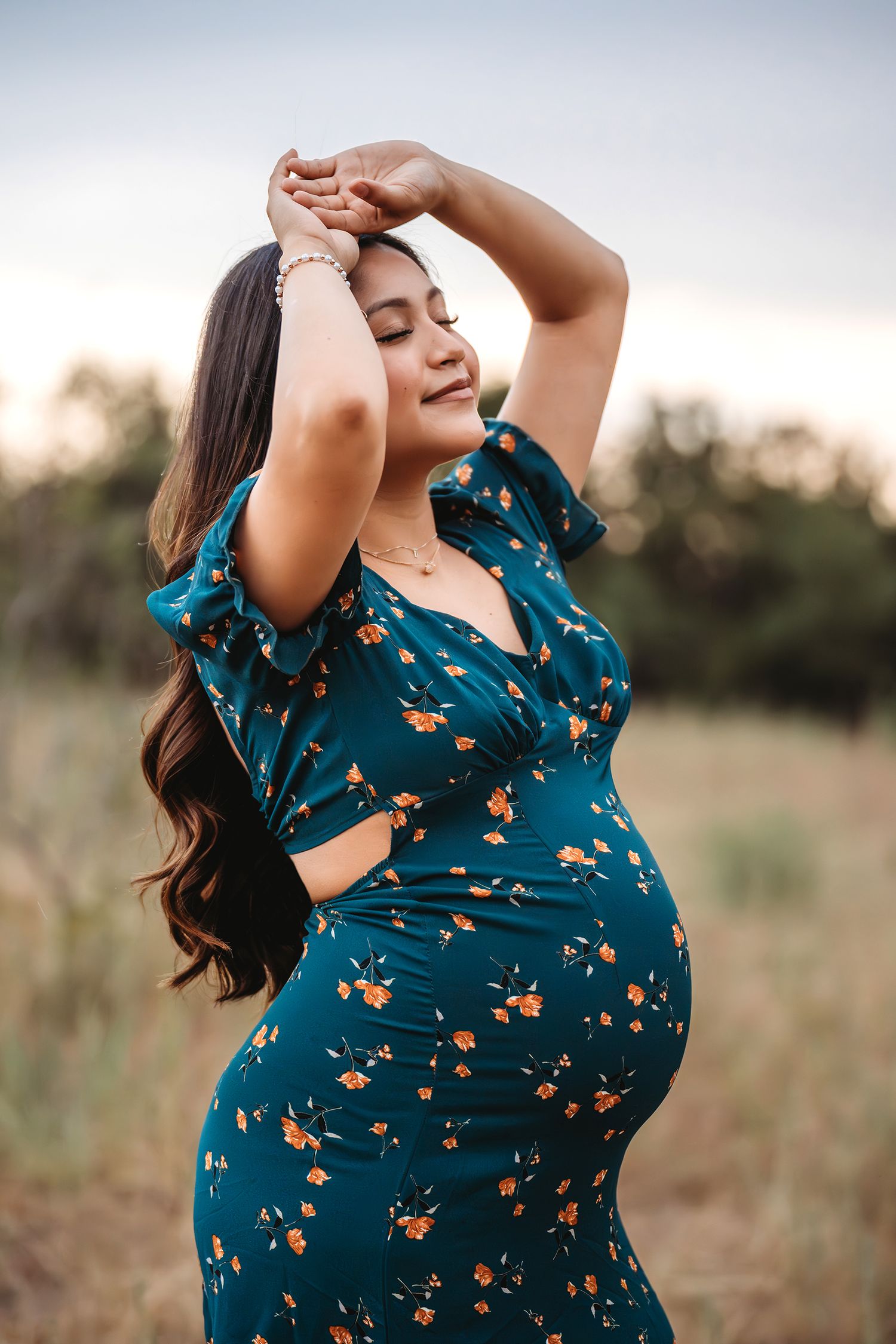 Maternity portrait mama teal floral dress outdoor session Central Texas Sudden Joy Visuals