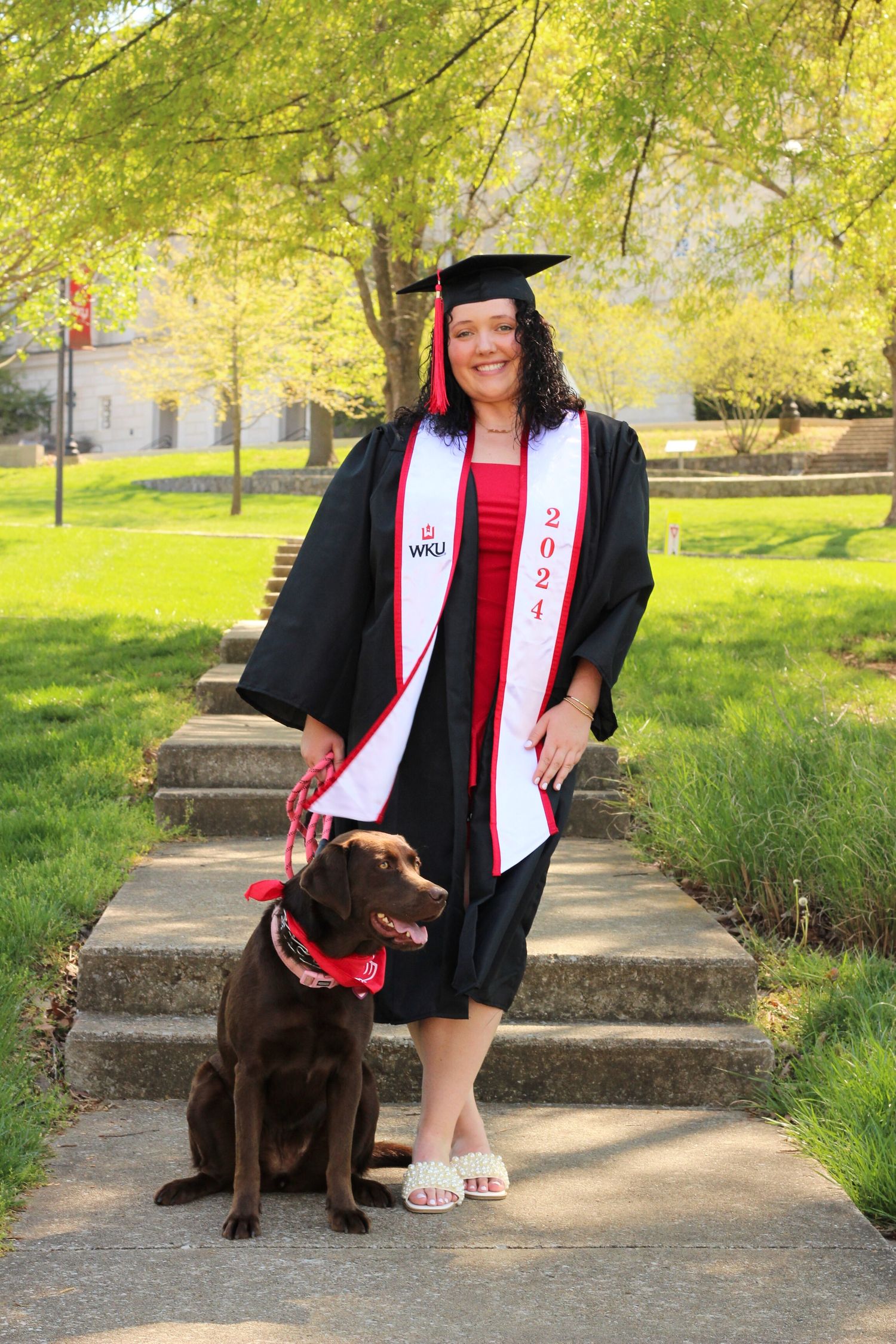 Graduate in cap and gown poses with chocolate lab on outdoor campus steps surrounded by spring foliage.