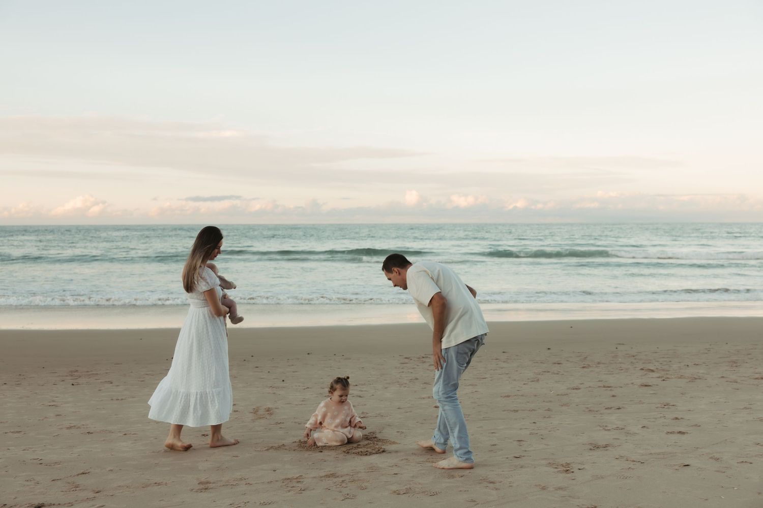 A series of beach photos showing people playing and walking along the shoreline at sunset.