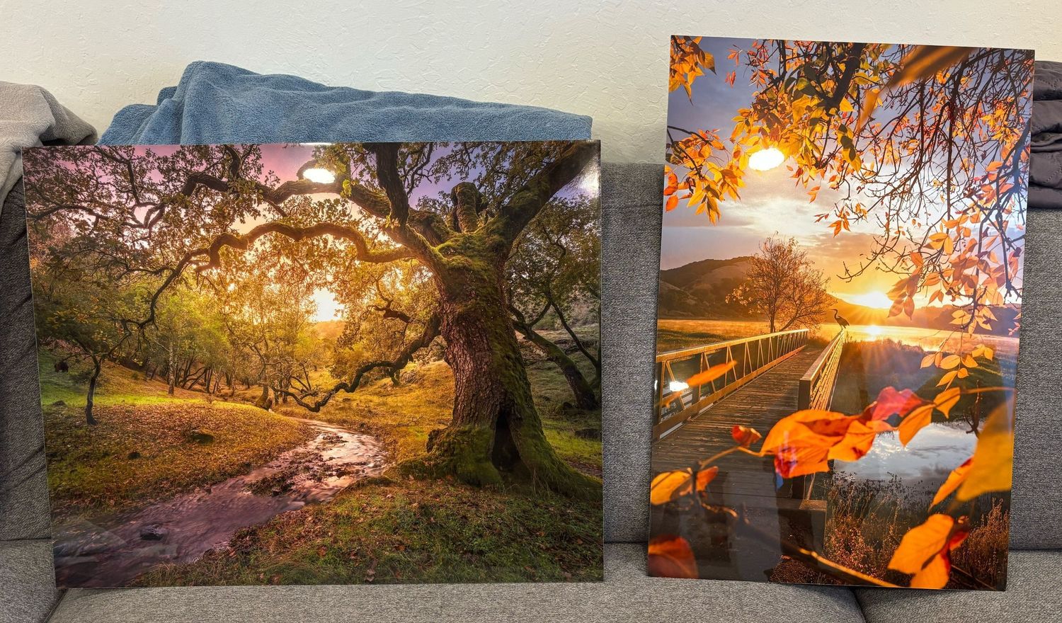 Two landscape prints showing a sunlit tree arch and autumn mountain scene with dramatic lighting. Printed in Escaype Print Lab in Marin, CA.