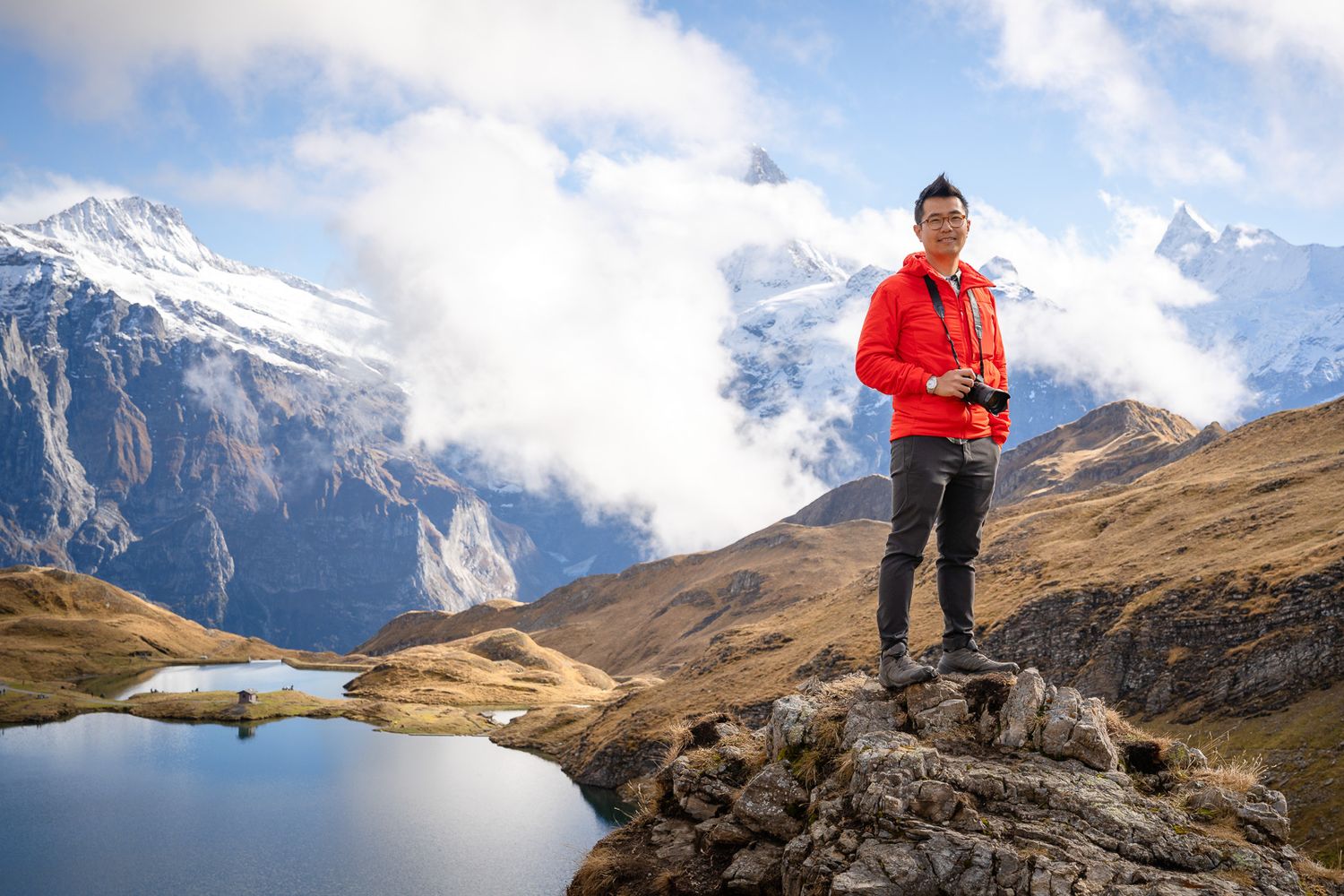 Dramatic mountain landscape with snow-capped peaks and hiking trails in Switzerland. Owner of Escaype Print Lab.