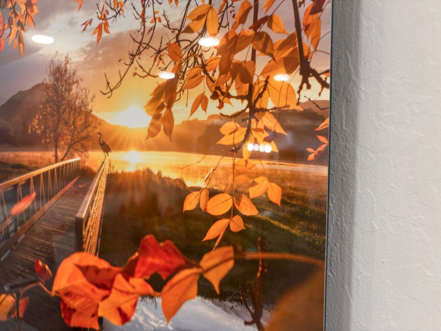 Autumn leaves frame a golden sunset over a tranquil lake with a wooden dock in the foreground.